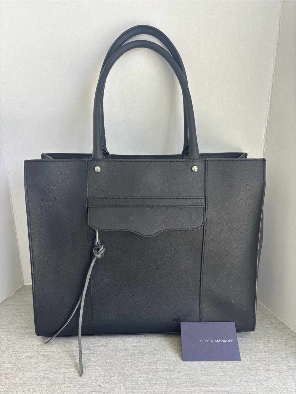Rebecca Minkoff Medium Black Saffiano Leather Tote Bag with Front Flap Pocket